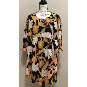 Who What Wear Black Floral Boho Tunic Dress With 3/4 Ruffle Sleeves & Back Butto